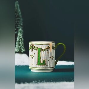 New Anthropologie The Bistro Tile Stoneware Monogram Mug Festive Letter L